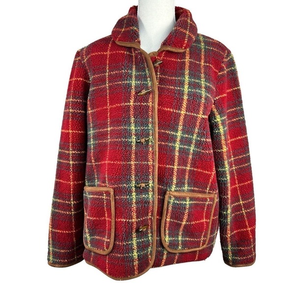 Orvis Red Plaid Fleece Sherpa Button Front Jacket S NWOT Wood Buttons - Picture 1 of 10
